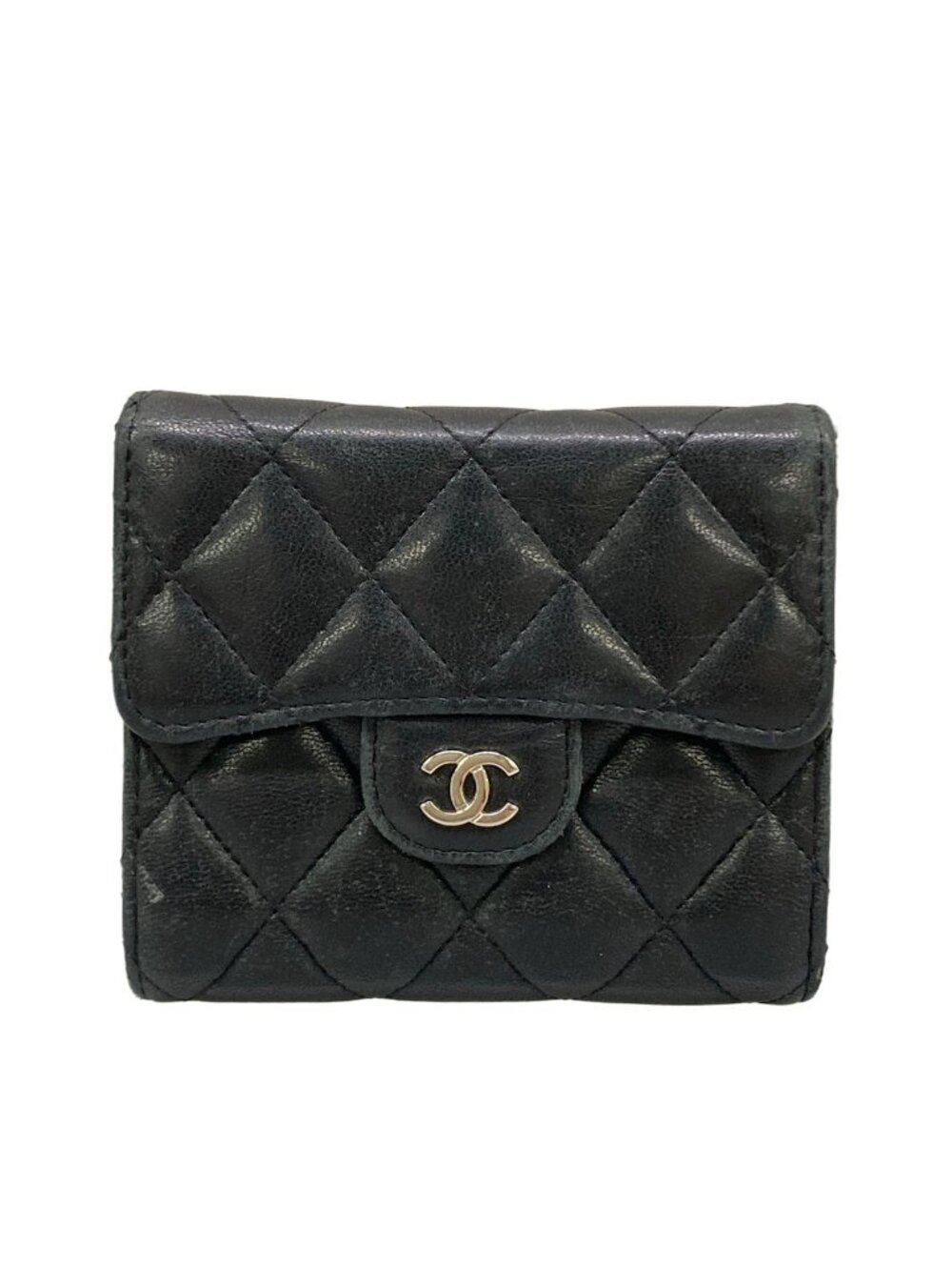 Chanel Trifold Wallet Quilted Black Silver Lambskin